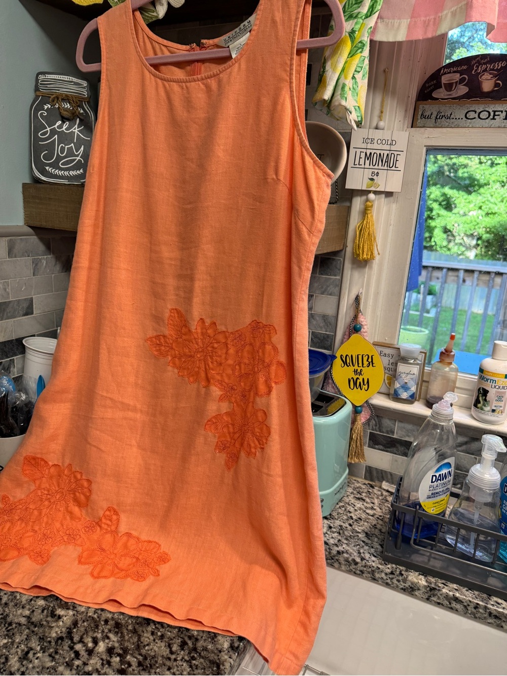 Sleeveless Asymmetrical Coral Dress with Floral Appliqué